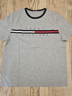 Tommy Hilfiger Grey Logo Ringer T-Shirt with Red & Navy Stripe Womens Large
